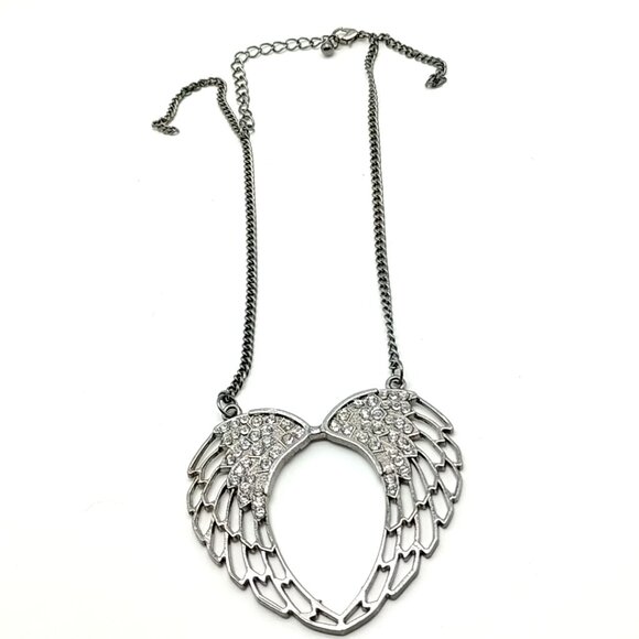 Rhinestone Angel Wing Open Heart Necklace Silver Tone Statement Pendant Chain - Picture 5 of 16